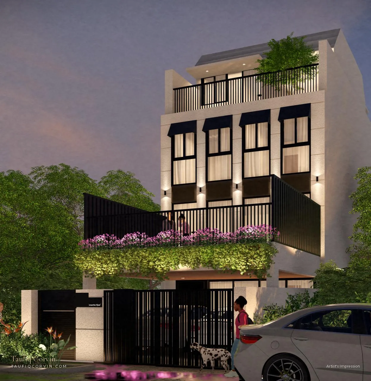 Casa Uno terrace house at dusk, Casuarina Road District 20 — artist's impression