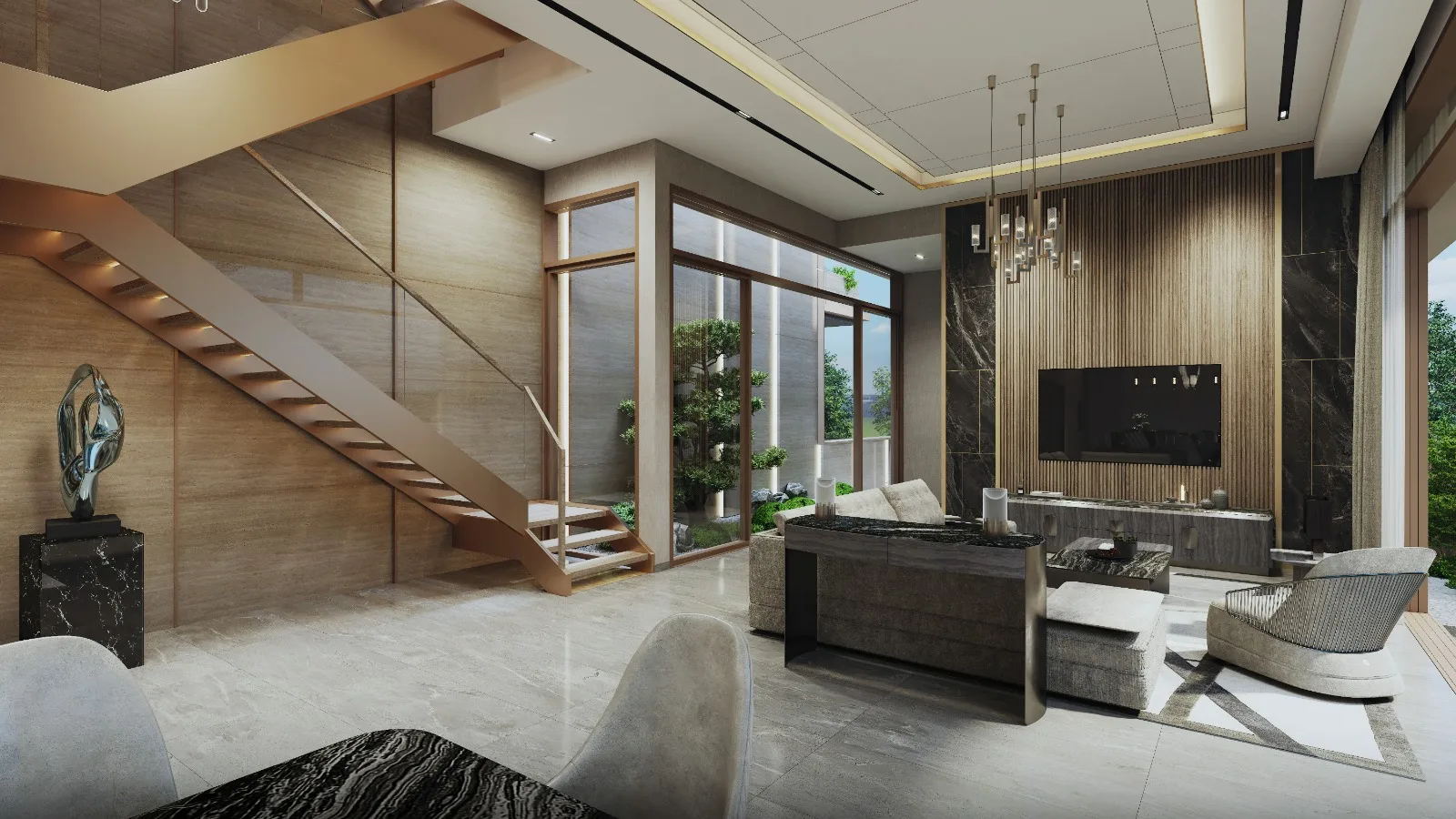 Felicità living area and staircase — artist's impression