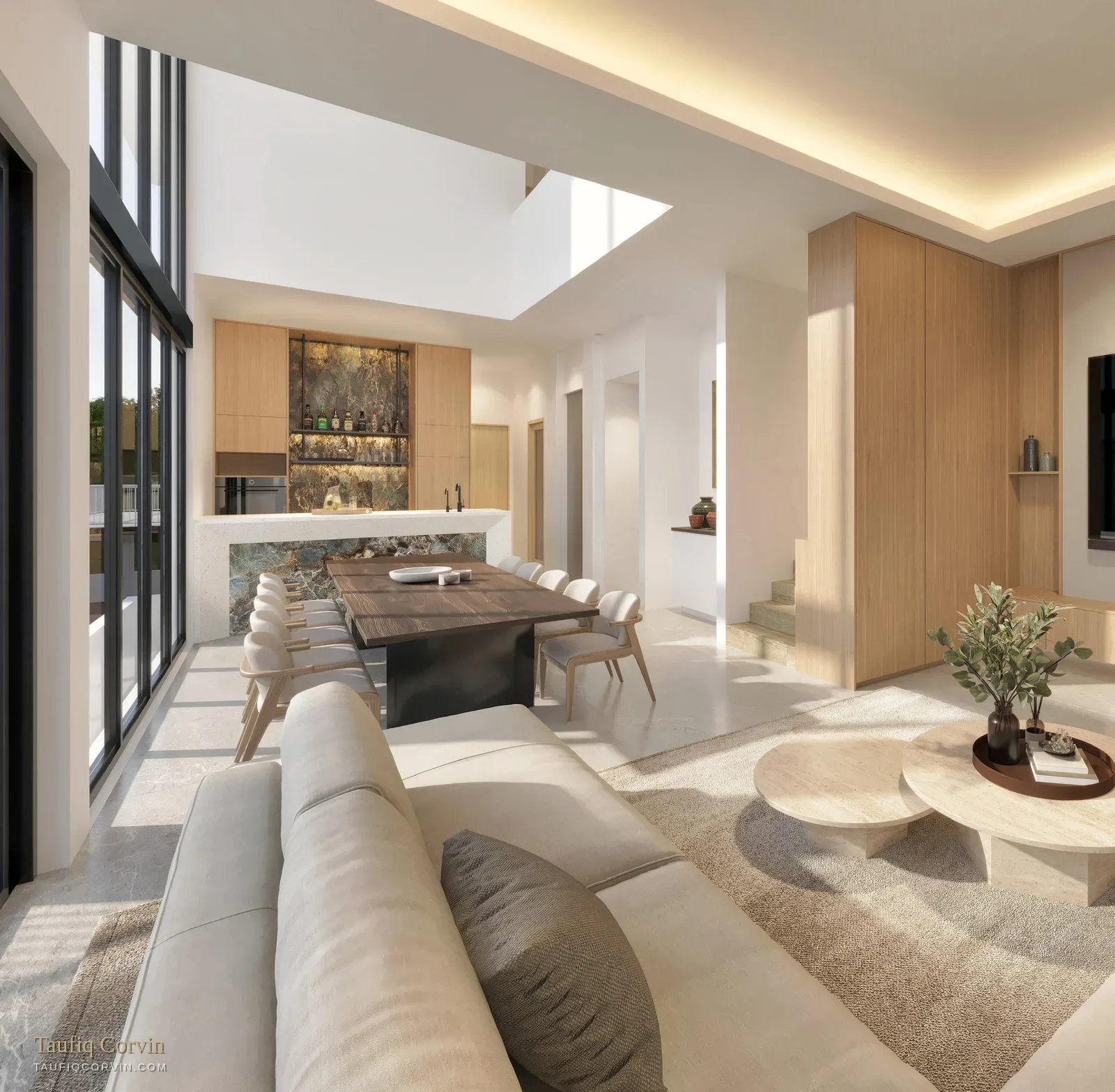 Kheam Hock Road double-volume living room with sculptural staircase, Singapore District 11 — artist's impression