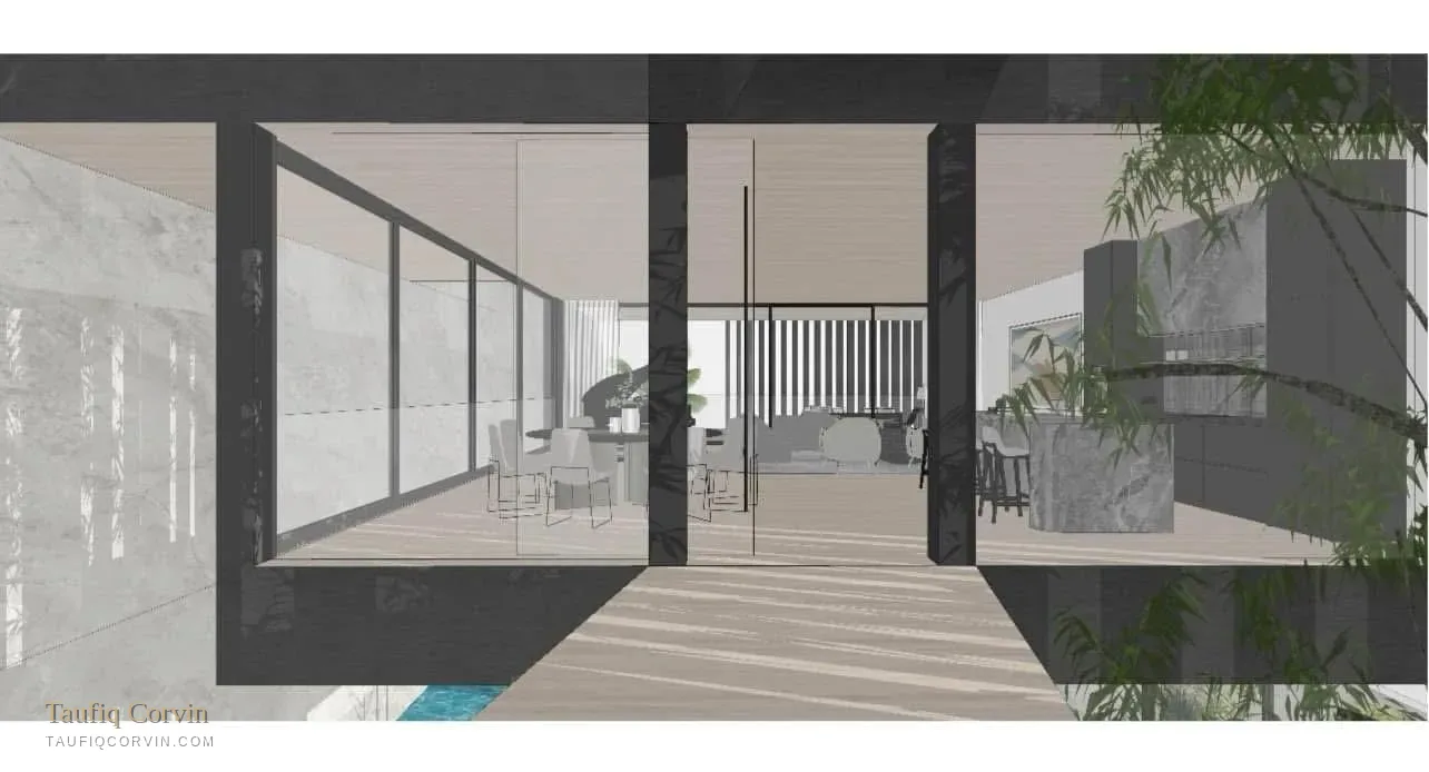 Kurau Terrace living space opening to the pool — artist's impression