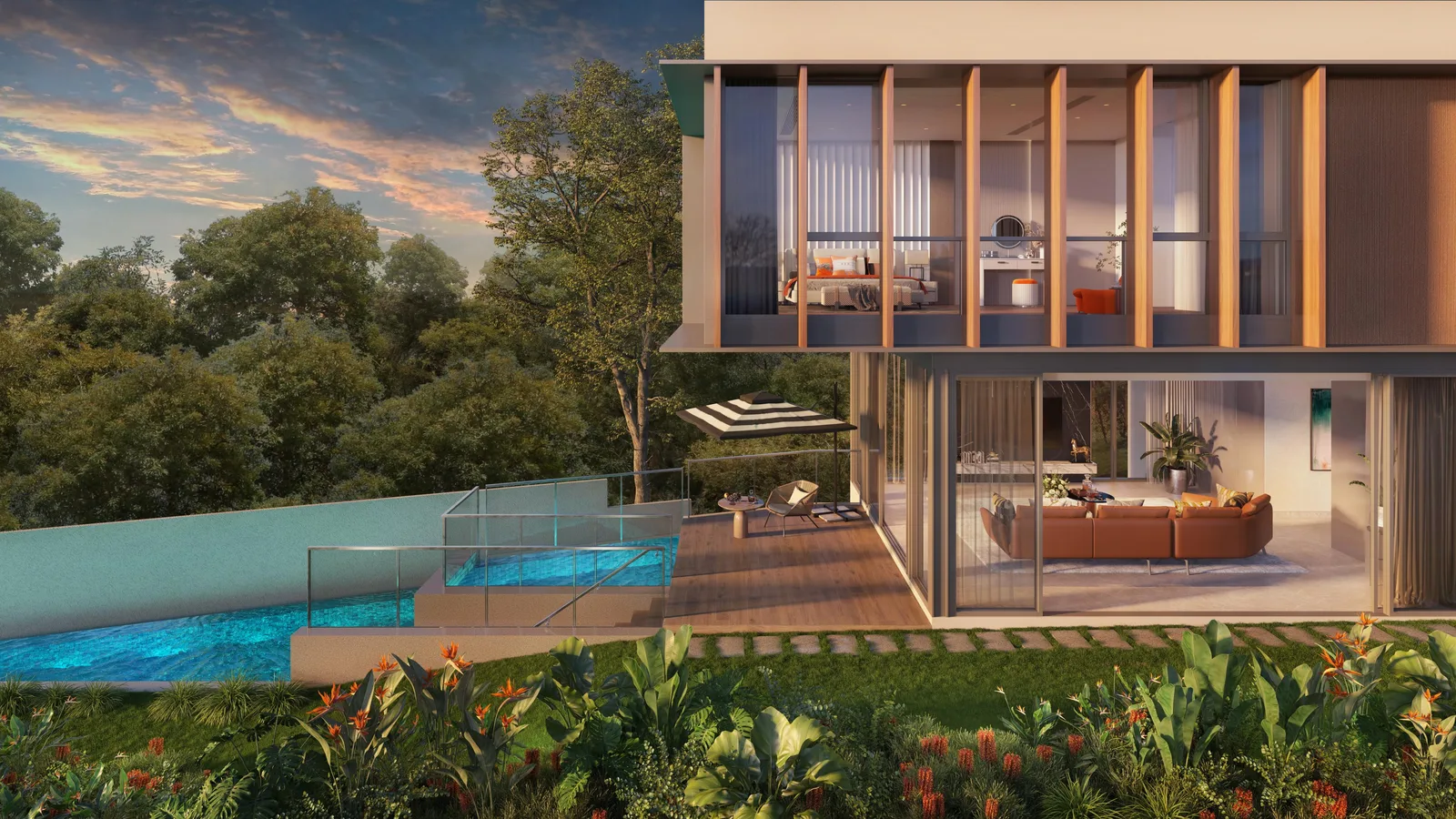Old Tampines Road bungalow living opening to pool — artist's impression