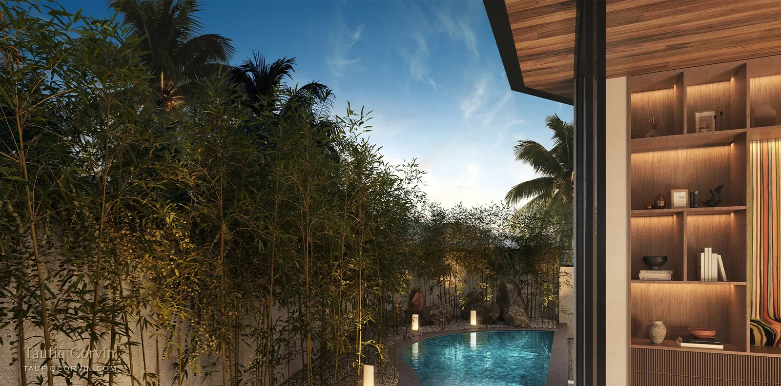 Solstice swimming pool at night — artist's impression