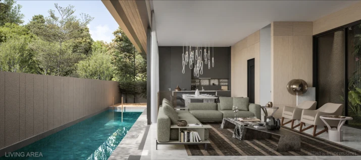 The Address at Hillcrest living area with pool, Singapore District 11 — artist's impression