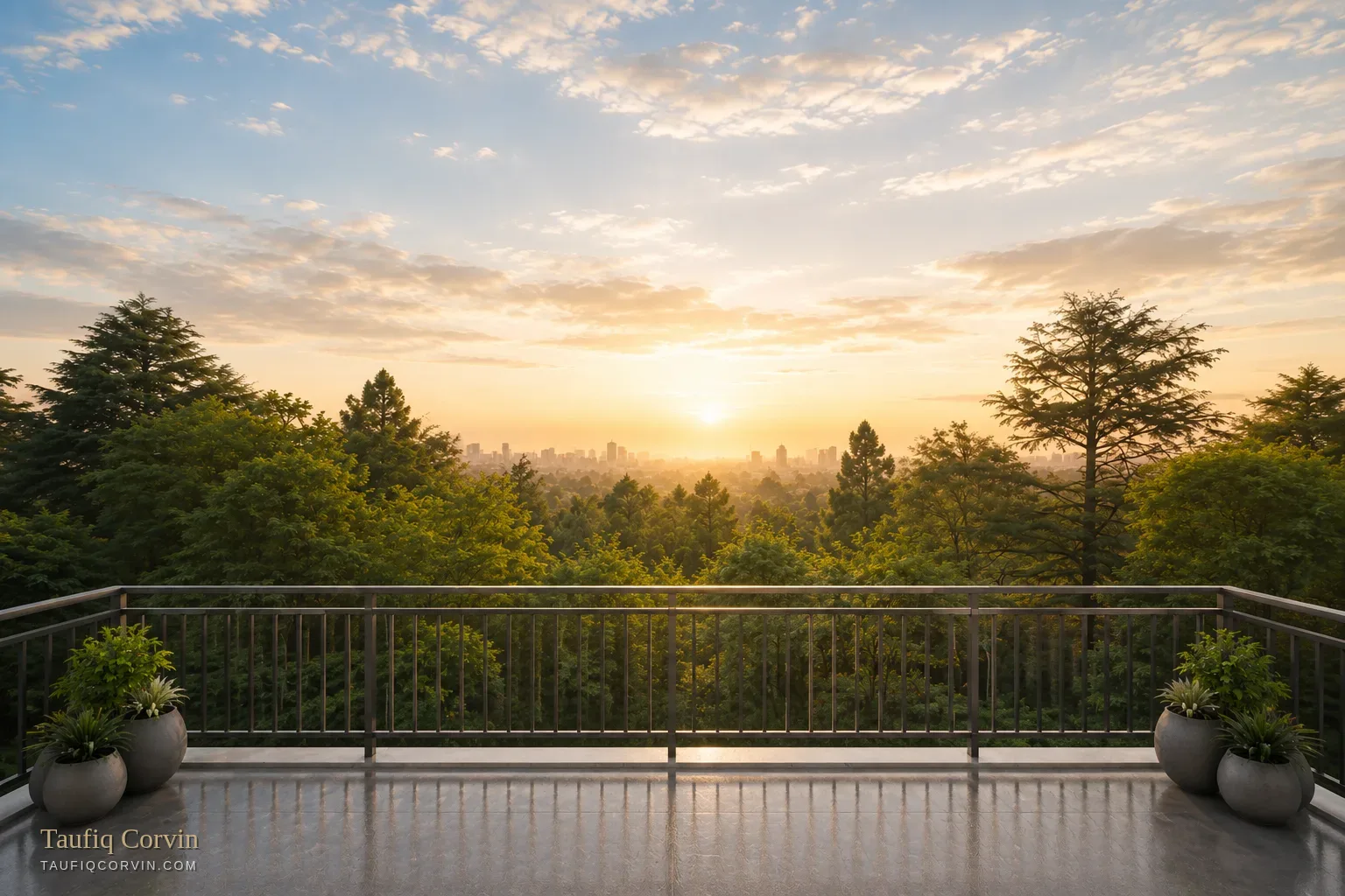 The Lattice roof terrace looking over Greenleaf Forest at sunset — artist's impression
