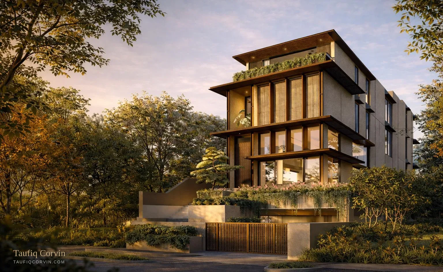 Ventura House lit in the evening — artist's impression